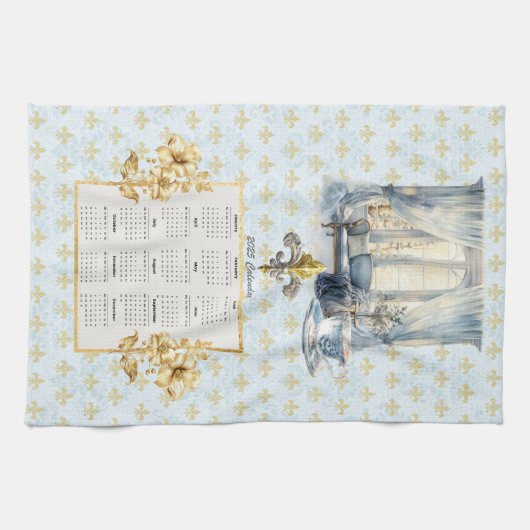 2025 Calendar Towel Blue Lilie Parisian Geschirrtuch (Horizontal)