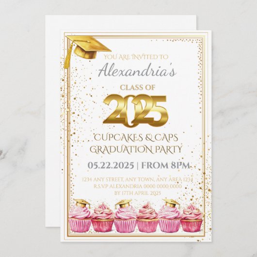 2025 Cupcakes & Caps Abschluss Einladung (Vorne/Hinten)