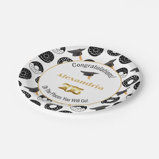 2025 Donuts und Grade Moderne Schwarz/Weiß Pappteller (Schrägansicht)