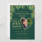 2025 Emerald Green Gold Floral Foto Abschluss Einladung (Vorderseite)