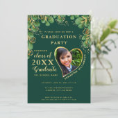 2025 Emerald Green Gold Floral Foto Abschluss Einladung (Stehend Vorderseite)