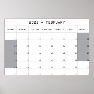 2025 Februar Planer Kalender große Notizen Platz Poster