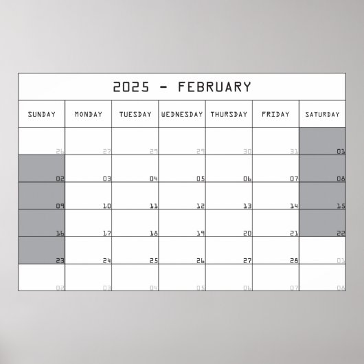 2025 februar planer Kalender große Notizen Raum Poster (Vorne)