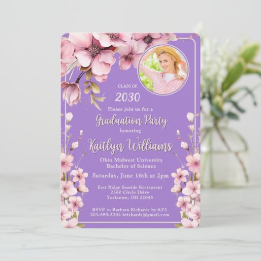 2025 Foto Graduation Party für Aquarellfarben Pink Einladung (Stehend Vorderseite)