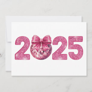 2025 Frohes neues Jahr Disco Ball Pink Bow Feiertagskarte