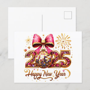 2025 Frohes neues Jahr Disco Ball Pink Bow Feiertagspostkarte