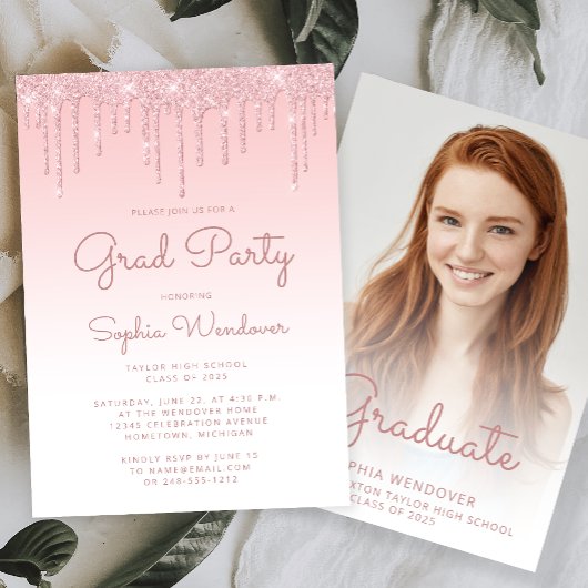 2025 Glam Blush Pink Glitzer Tropfen Foto Abschlus Einladung