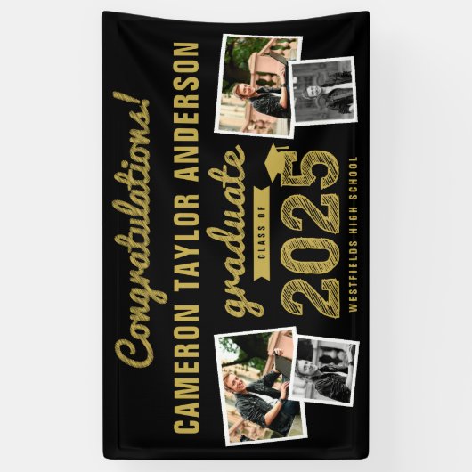 2025 Gold Sketch 4 Foto Glückwunsch Graduation Par Banner (Vertikal)