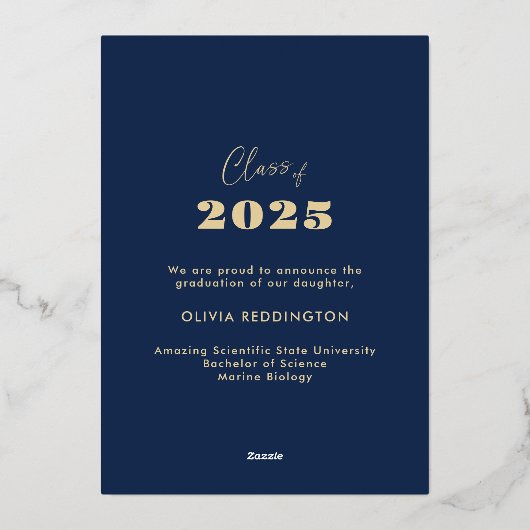 2025 Grad Ankündigung Foto Rahmen Navy Gold Foil (Rückseite)