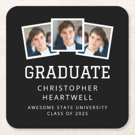 2025 Graduate 3-Foto Black and White Rechteckiger Pappuntersetzer