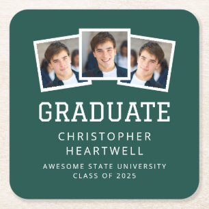2025 Graduate 3-Foto Green White Rechteckiger Pappuntersetzer