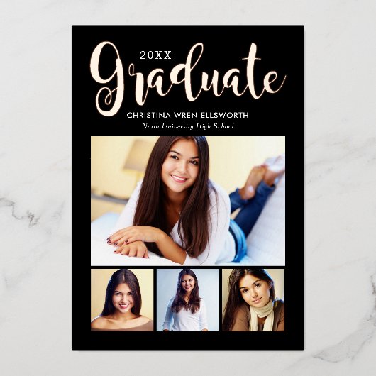 2025 Graduate Black Rose Gold Script FotoCollage Folieneinladung (Vorderseite)