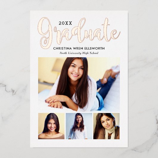 2025 Graduate Rose Gold Script Foto Collage Party Folieneinladung (Vorderseite)