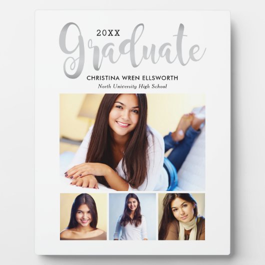 2025 Graduate Silver Script 4 Foto Collage Fotoplatte (Vorderseite)