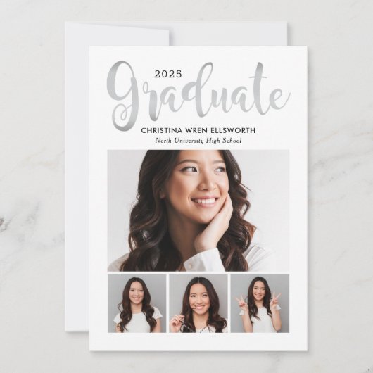 2025 Graduate Silver Script Foto Collage Party Einladung (Vorderseite)