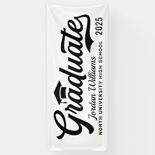 2025 Graduate White Black Script Custom Abschluss Banner (Vertikal)