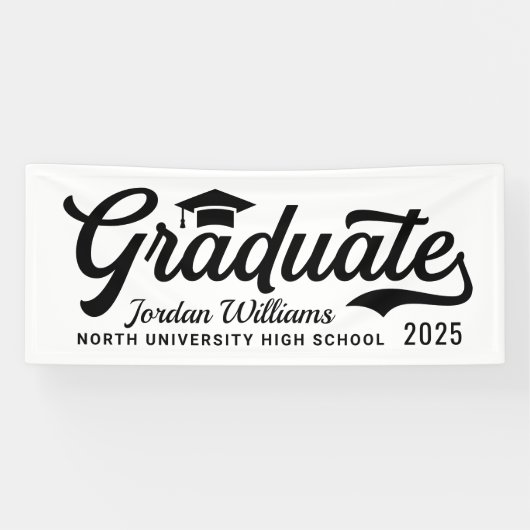 2025 Graduate White Black Script Custom Abschluss Banner (Horizontal)