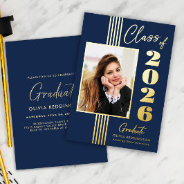 2025 Graduation Party Foto Frame Navy Gold Folieneinladung