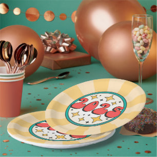 2025 groovy retro fette Schrift und Sterne Pappteller