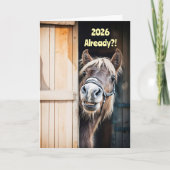 2025 Happy New Year Cute Fuzzy Pony Horse Barn Karte (Vorderseite)