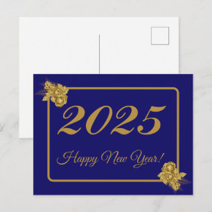 2025,Happy new year!gold Blume & Marinehintergrund Postkarte