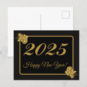 2025,Happy new year!gold Blume & schwarzer Hinterg Postkarte