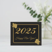 2025,Happy new year!gold Blume & schwarzer Hinterg Postkarte (Stehend Vorderseite)