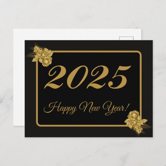 2025,Happy new year!gold Blume & schwarzer Hinterg Postkarte (Vorne/Hinten)