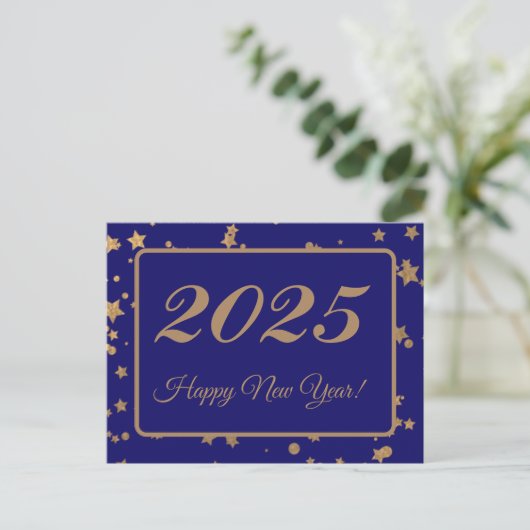 2025,Happy new year!gold stars & marine background Postkarte (Stehend Vorderseite)