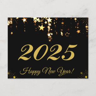 2025,Happy new year!goldene Sterne & schwarzer Hin Feiertagspostkarte