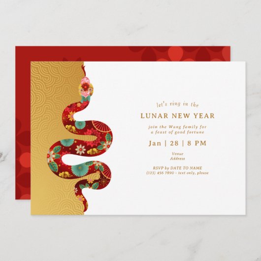 2025 Jahr der Schlange Lunar Neujahr Gold Moderne Einladung (Vorne/Hinten)