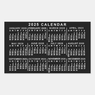 2025 Jahres-Monats-Kalender Klassisch Schwarz und Rechteckiger Aufkleber