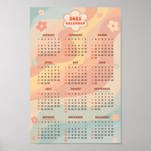 2025 Jährlicher Kalender Groovy Vintage Pastelle S Poster