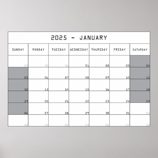 2025 Jauary Planer Kalender große Notizen Raum Poster (Vorne)