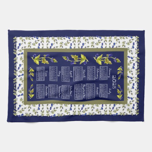2025 Kalender Blueberries Gestrickte Blätter Navy  Geschirrtuch (Horizontal)