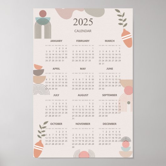 2025 Kalender Boho Mitte Jahrhundert Abstrakt Mini Poster (Vorne)