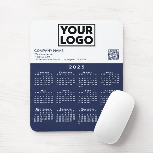 2025 Kalender Business Logo QR Code Navy White Mousepad (Mit Mouse)