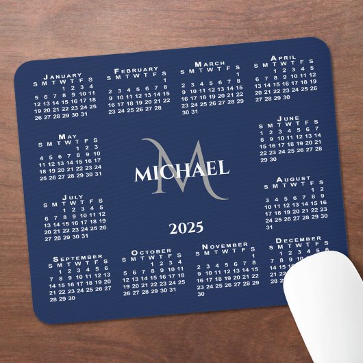 2025 Kalender Chic Monogram Name on Navy Blue Mousepad