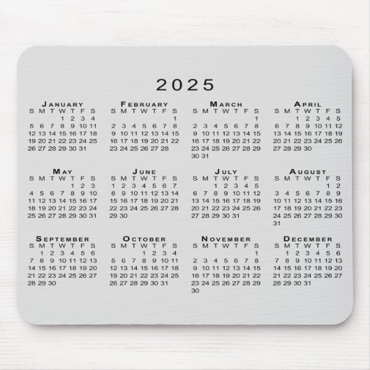 2025 Kalender Einfach grau und schwarz Mousepad (Vorne)