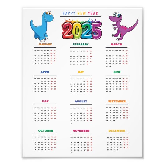 2025 Kalender farbenfroh Funny Dinosaur Fotodruck (Vorne)