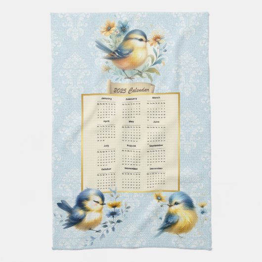 2025 Kalender Handtuch Niedliche Vögel Blauer Dama (Vertikal)