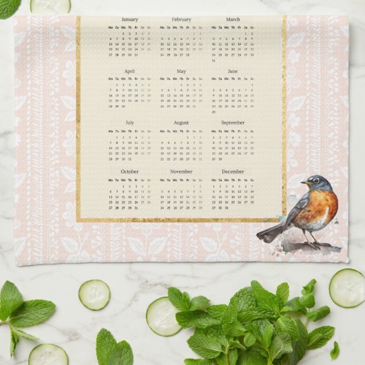 2025 Kalender Handtuch Robin Bird Peach Damask (Gefaltet)