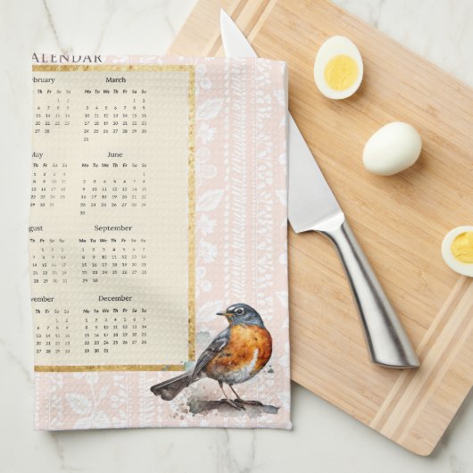 2025 Kalender Handtuch Robin Bird Peach Damask (Viertel Falte)