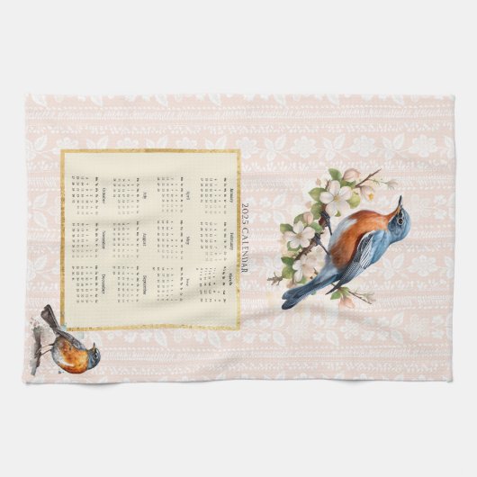2025 Kalender Handtuch Robin Bird Peach Damask (Horizontal)