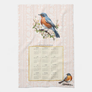 2025 Kalender Handtuch Robin Bird Peach Damask