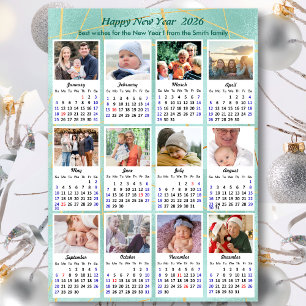 2025 Kalender Minze Grün Glitzer Familie 12 Foto Feiertagskarte