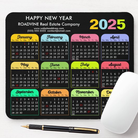 2025 Kalender Moderne Schwarze US-Ferien Unternehm Mousepad