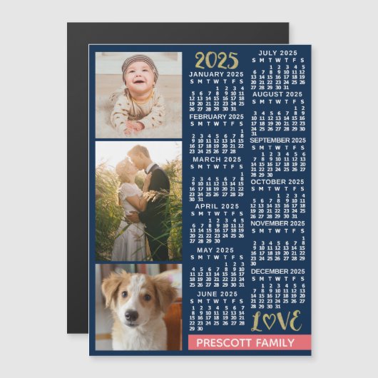 2025 Kalender Navy Koral Gold Custom Foto Collage Magneteinladung (Vorne/Hinten)