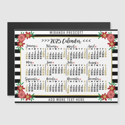 2025 Kalender Preppy Floral Stripes Custom Magnet (Vorne/Hinten)