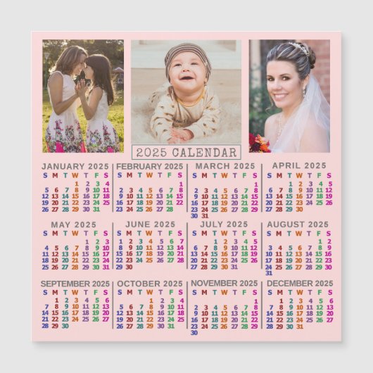 2025 Kalender Rosa Familie Foto Collage Magnet (Vorderseite)
